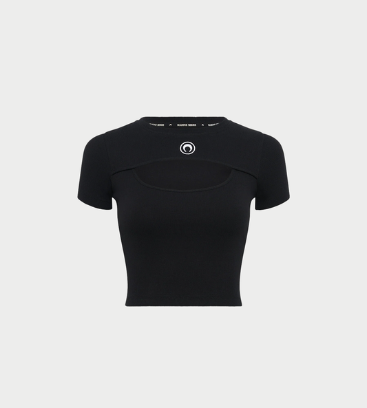 MARINE SERRE - Moon Logo Ribbed Cut-out Tee Blk