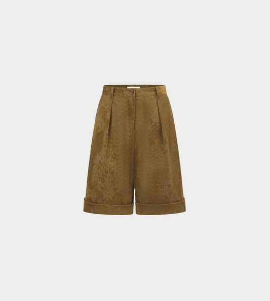 INTO THE EAST - Velvet Floral Stand Shorts Olive Yellow