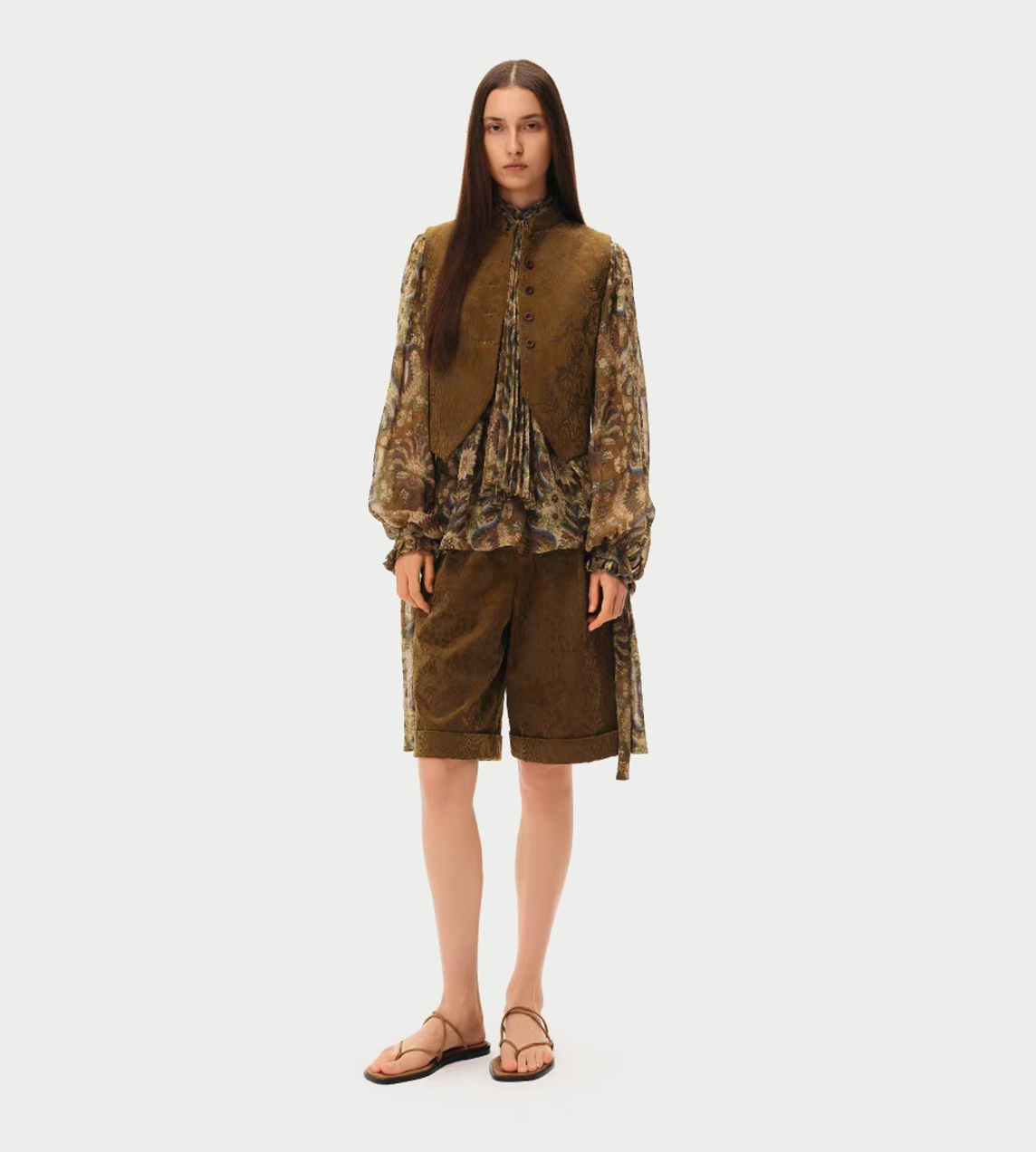 INTO THE EAST - Velvet Floral Stand Shorts Olive Yellow