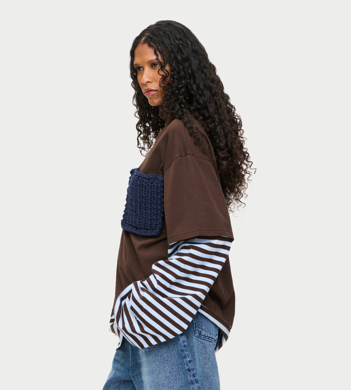 Long sleeve 2-in-1 tee with knit patch Brown