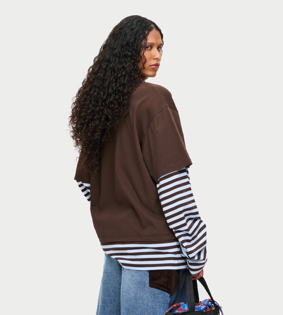 Long sleeve 2-in-1 tee with knit patch Brown