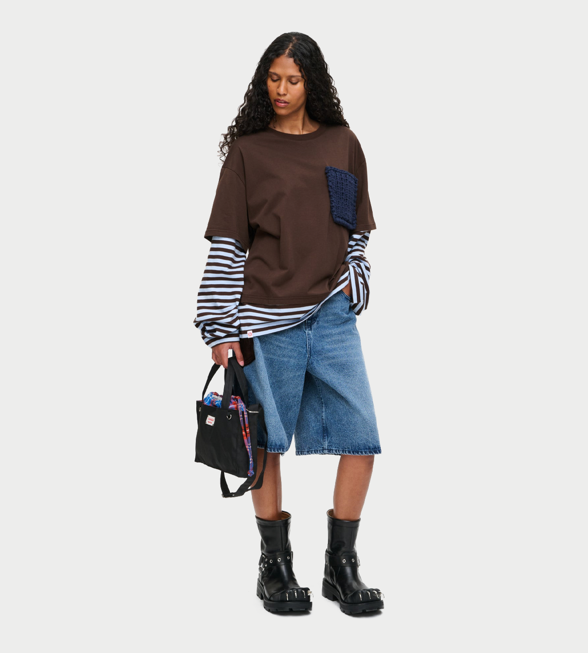Long sleeve 2-in-1 tee with knit patch Brown
