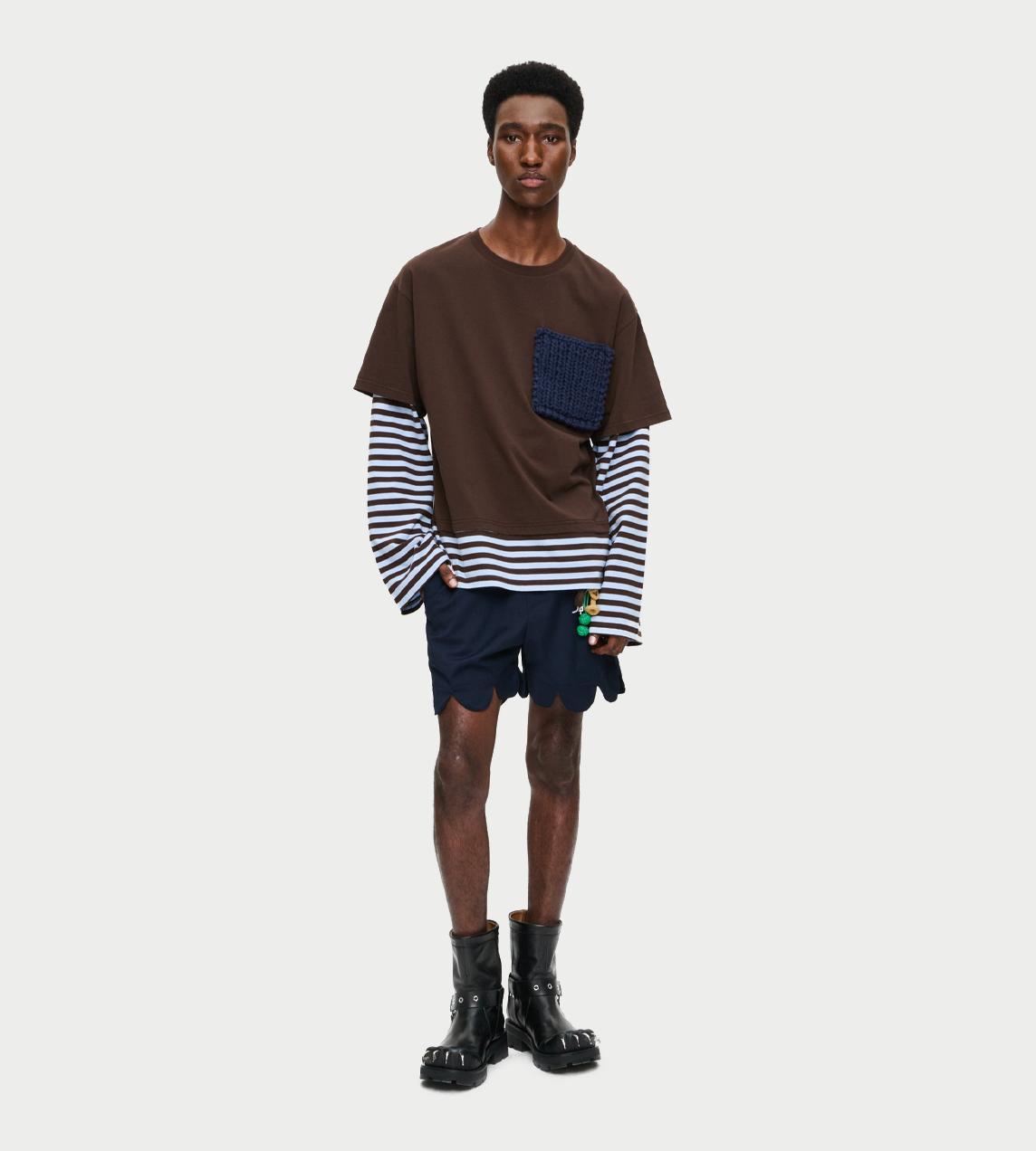 Long sleeve 2-in-1 tee with knit patch Brown