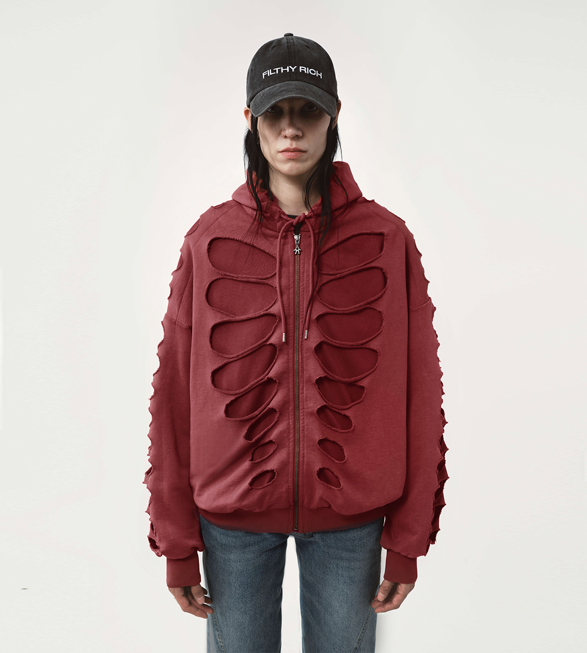 AVAVAV - Tim Shoulderless Zip Hoodie Cut-out Red