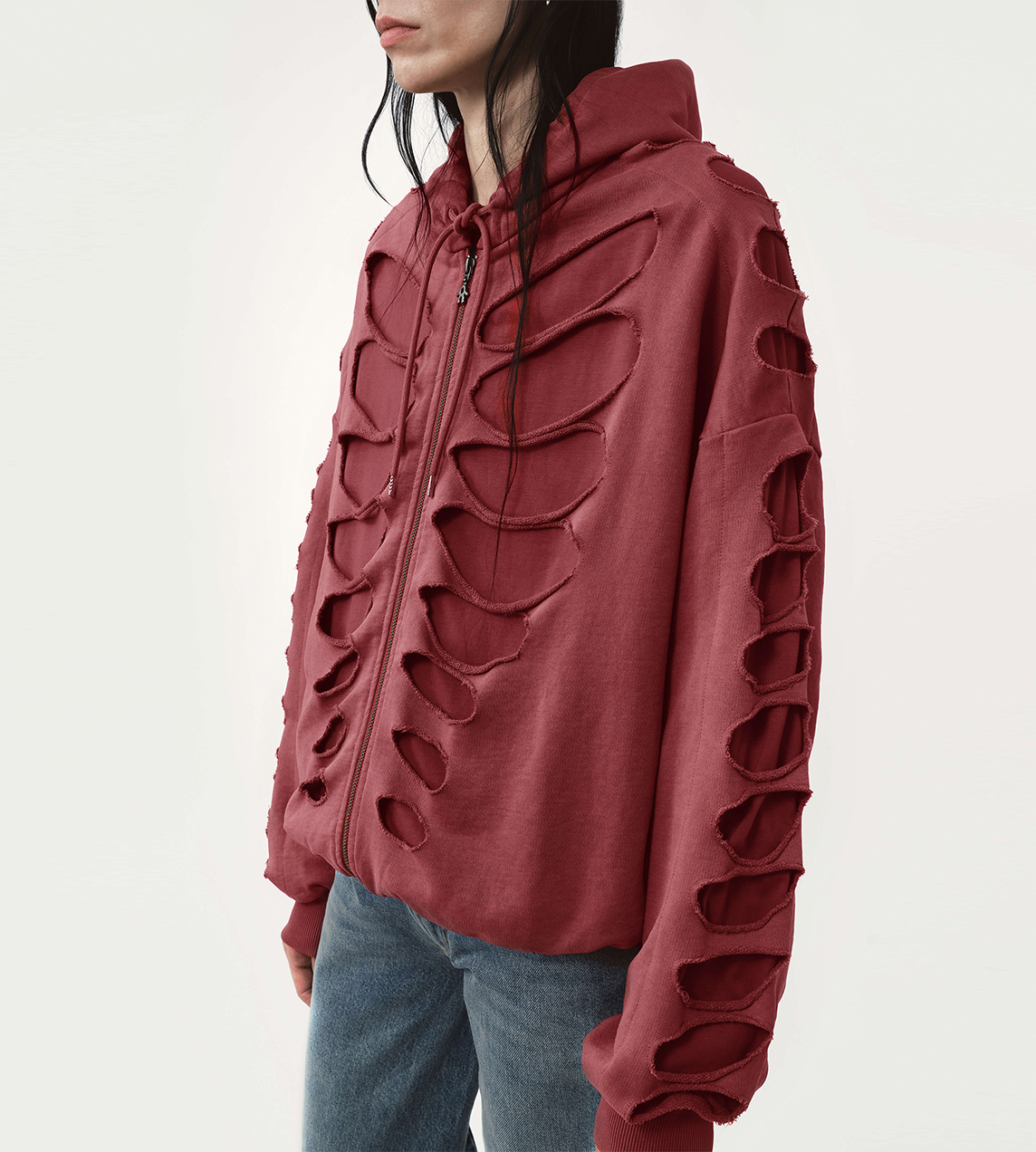 Tim Shoulderless Zip Hoodie Cut-out Red