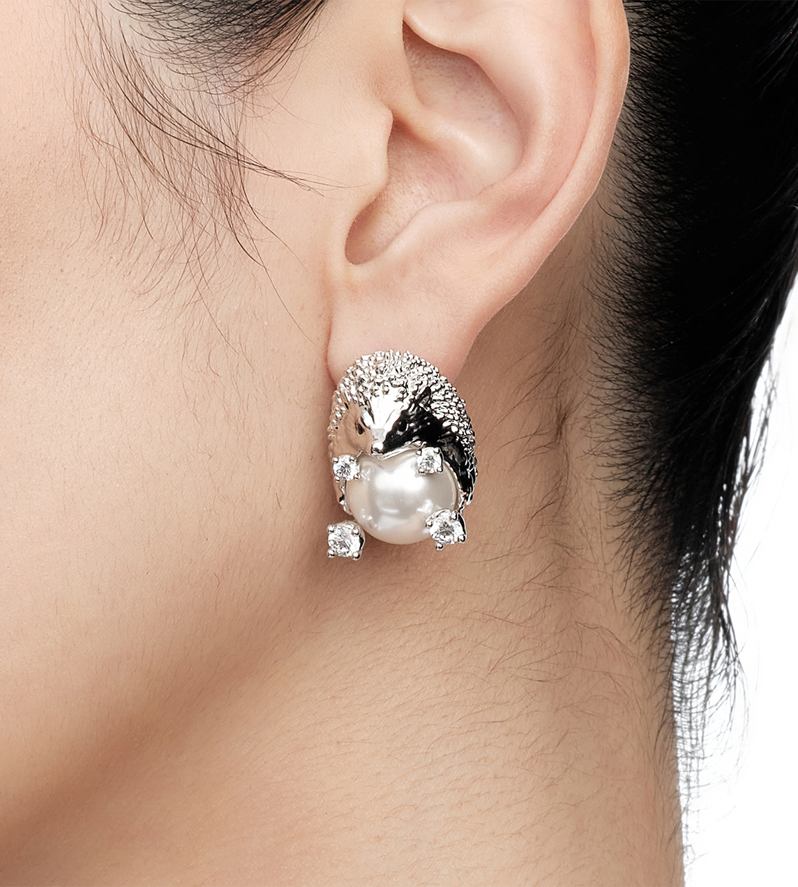 Metal Hedgehog Gemstone Stud Earrings Silver