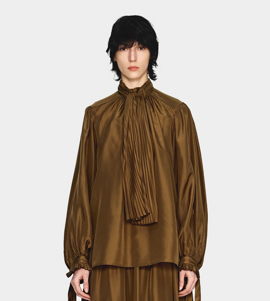 INTO THE EAST - Lace-up Silk Blouse Moss Green