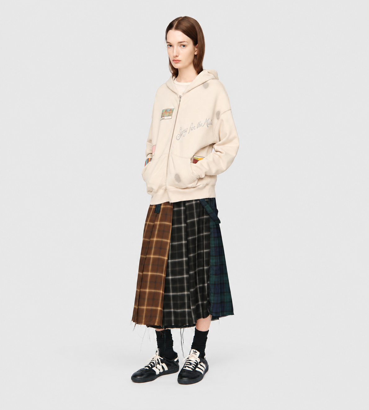 'Vignettes' Zip Up Relaxed Hoodie Beige