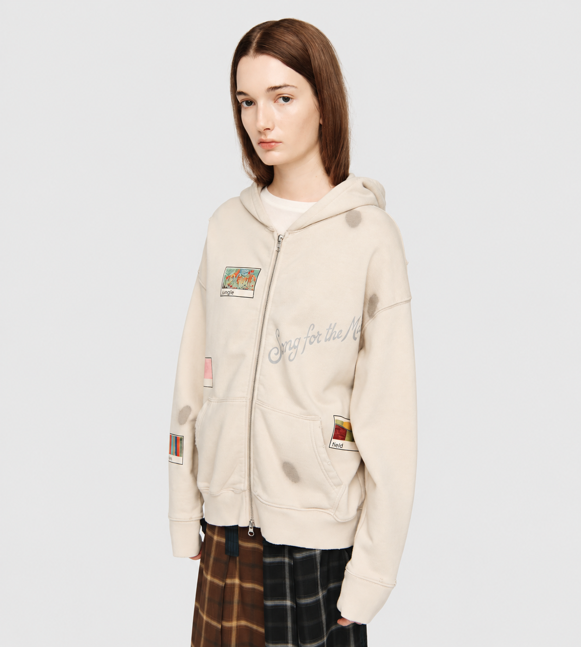 'Vignettes' Zip Up Relaxed Hoodie Beige