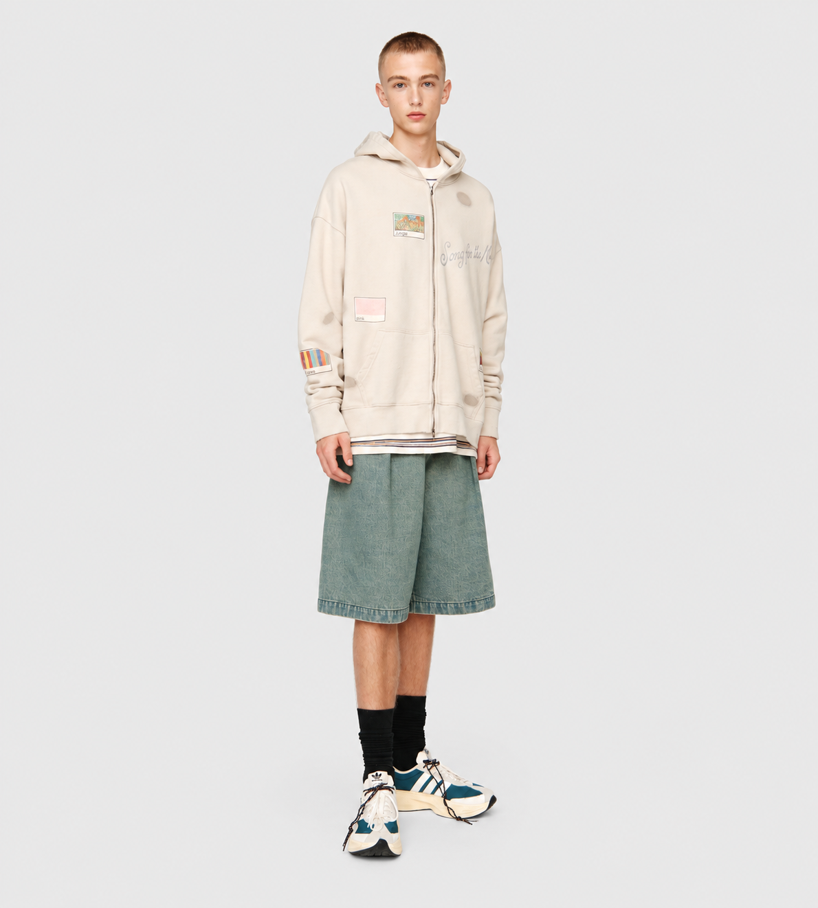 'Vignettes' Zip Up Relaxed Hoodie Beige