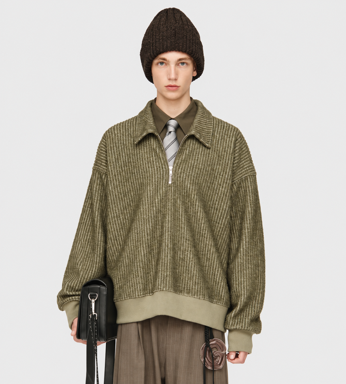 Classic Collar Zip Pullover Green