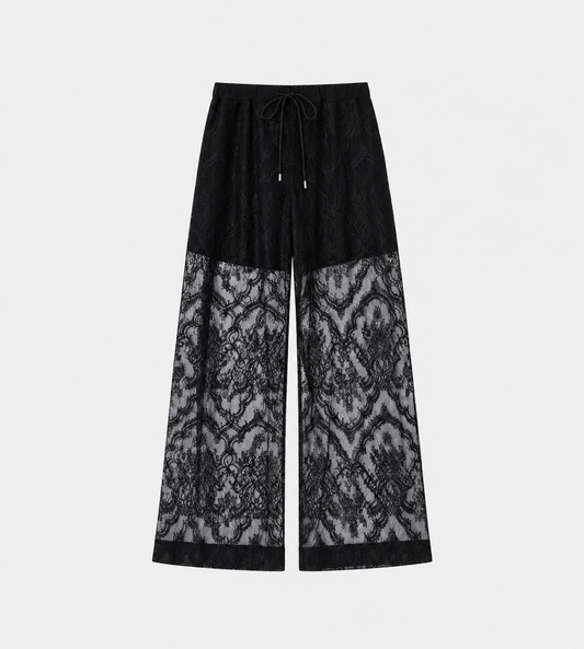 Waist Draw Cord Lace Wide Pants Black