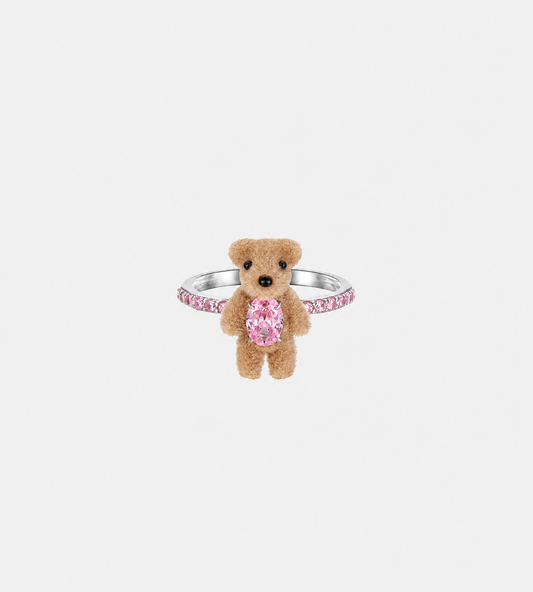 Mini Flocked Bear Gemstone Ring Brown