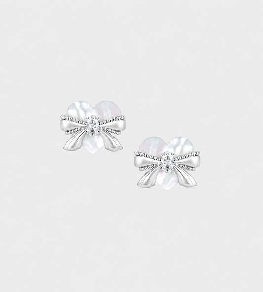 Heart Bow Stud Earrings White