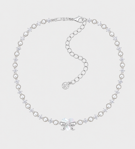 Heart Shaped Pearl Chain Necklace Silver