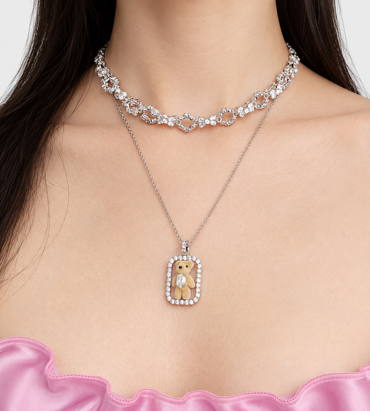 YVMIN - Inlaid Mini Bear Necklace Silver