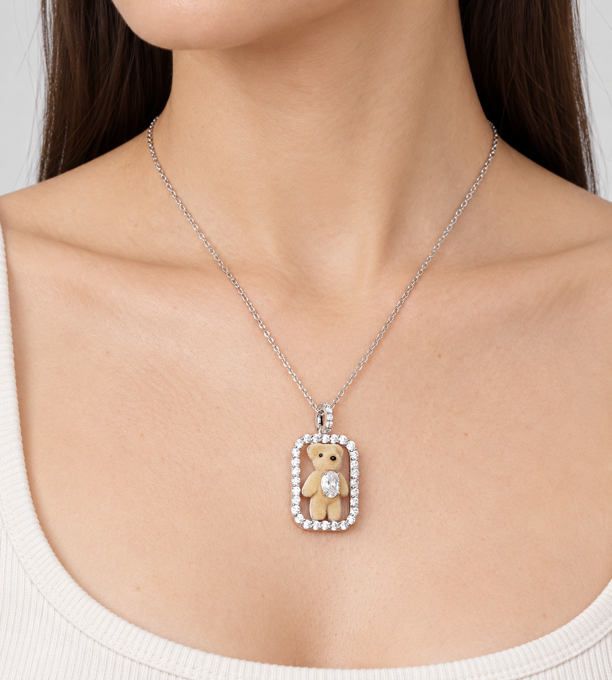Inlaid Mini Bear Necklace Silver