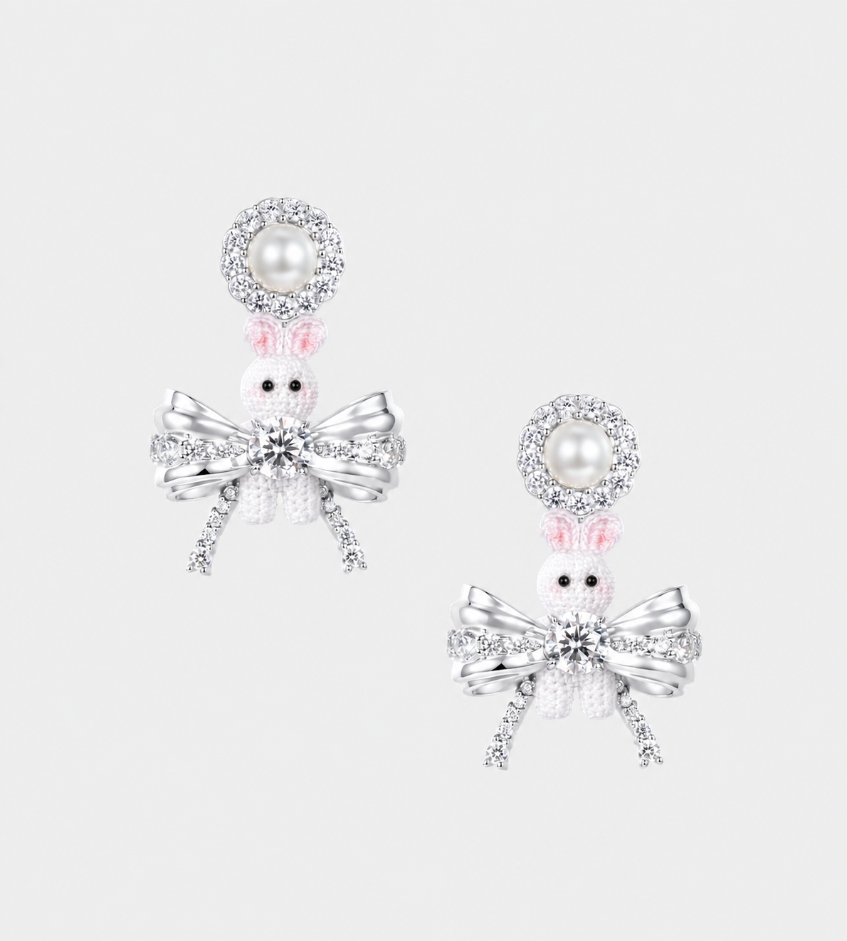 Woven Mini Rabbit Bowknot Pearl Earring Silver