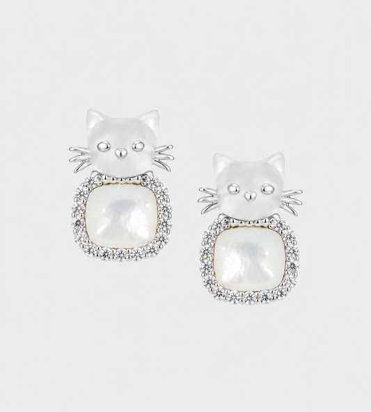 Mini Cat Mother Of Pearl Earring Silver