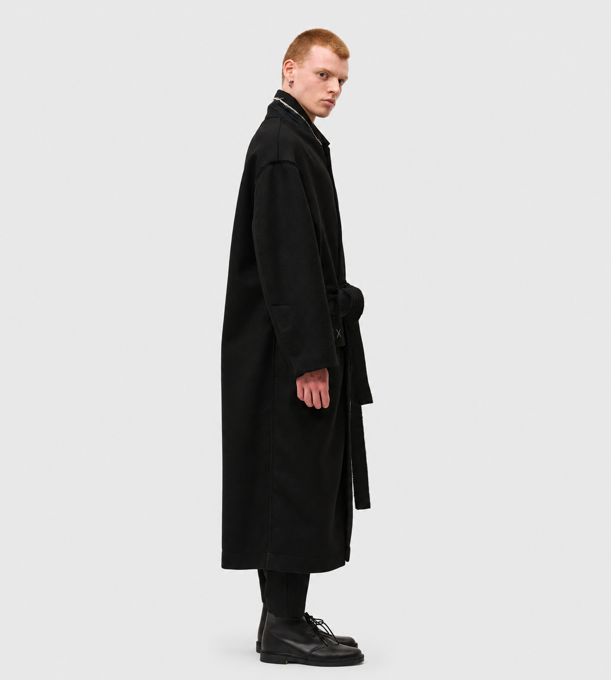 Relaxed Wool Coat with Belt Black