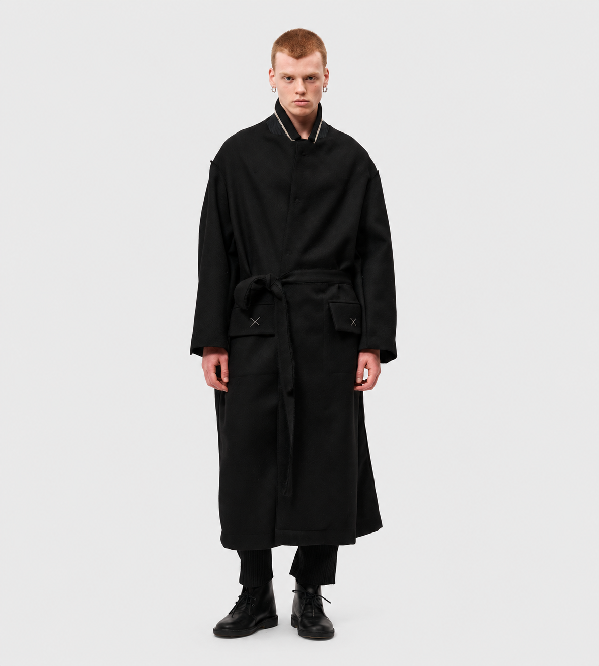 Relaxed Wool Coat with Belt Black
