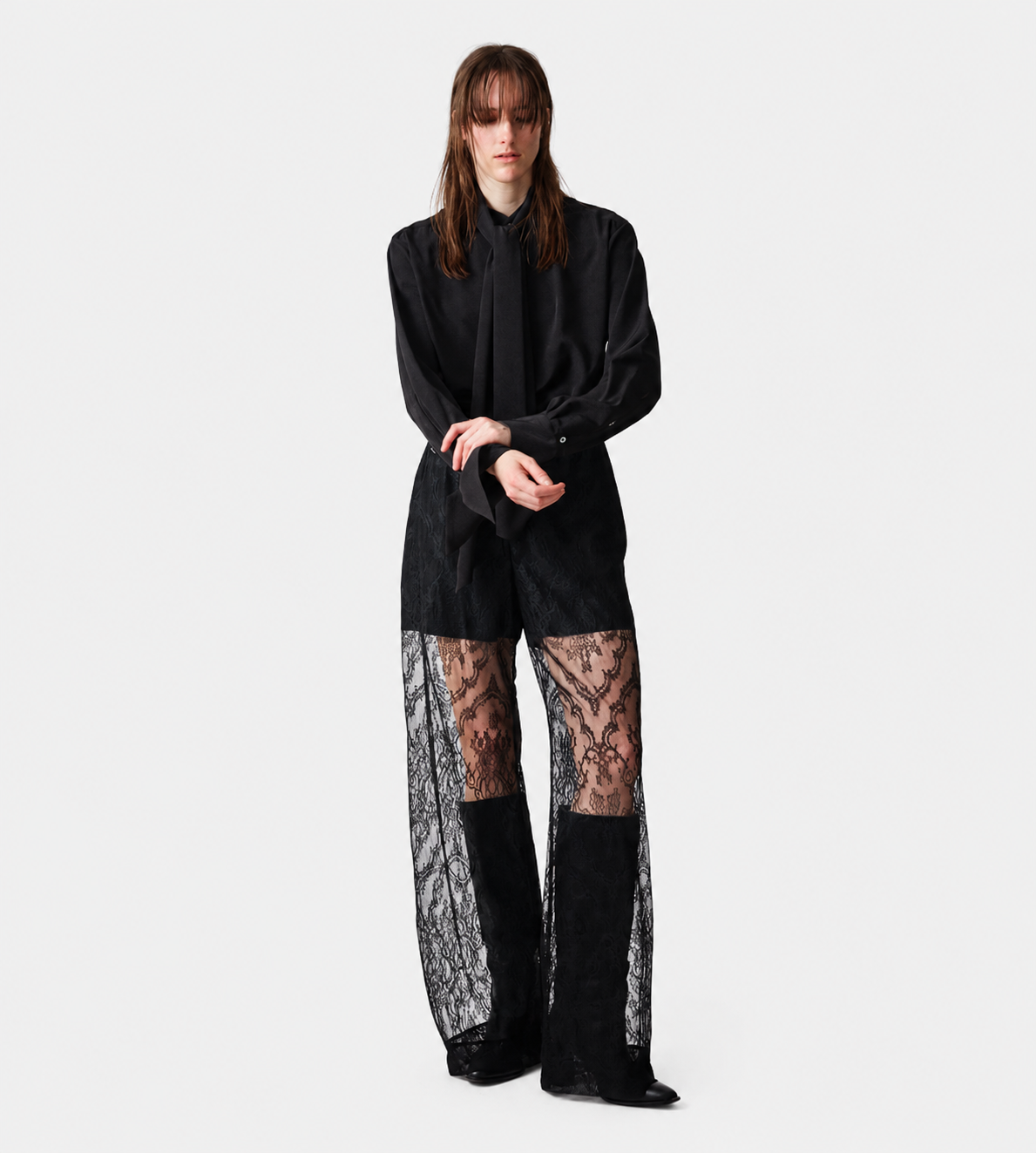 UJOH - Waist Draw Cord Lace Wide Pants Black