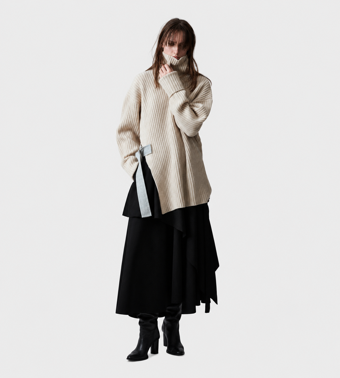 Side Belt Turtle Neck Sweater Beige
