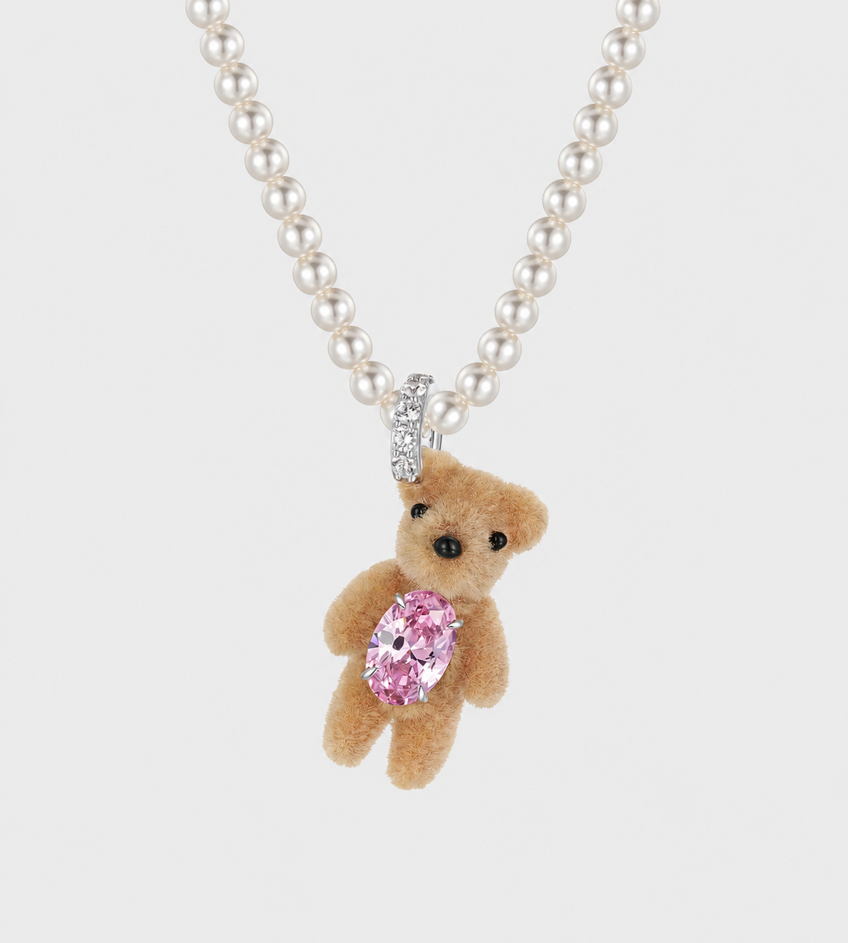 Mini Flocked Bear Pearl Necklace Pink