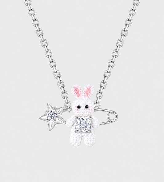 Woven Mini Rabbit Pin Lock Necklace Silver
