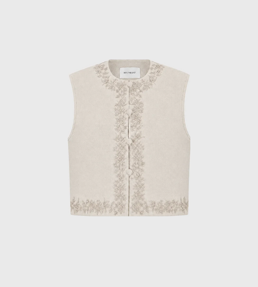 INTO THE EAST - Beige Linen Embroidered Vest Beige