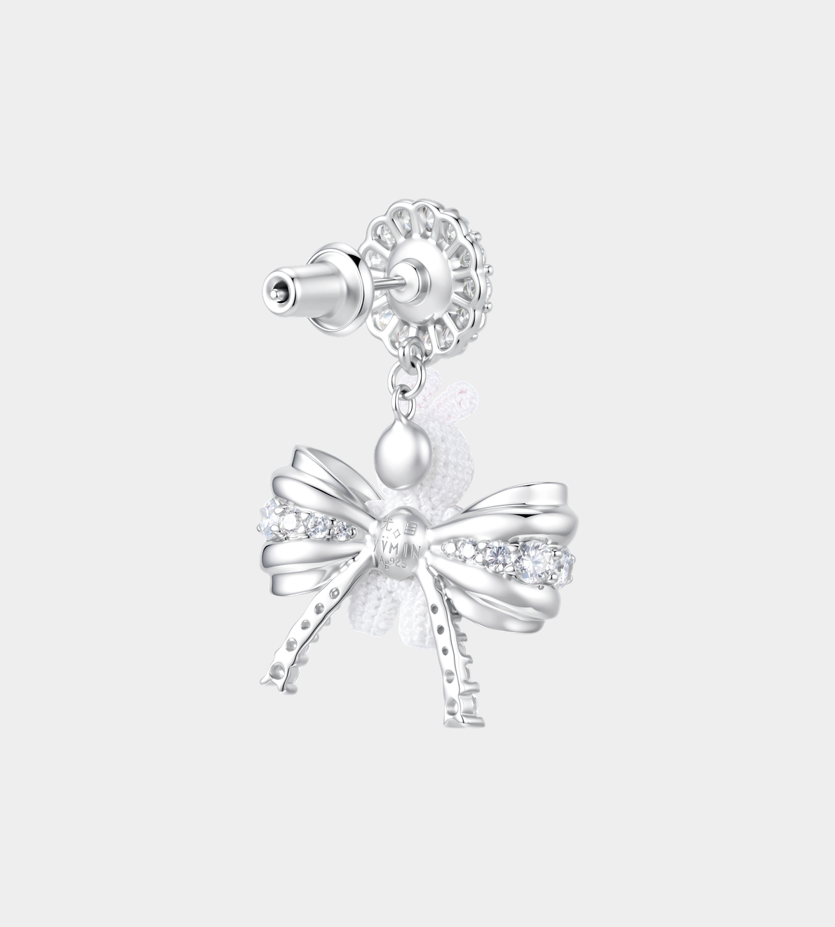 Woven Mini Rabbit Bowknot Pearl Earring Silver