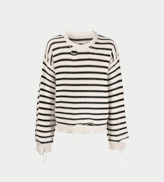 MM6 Maison Margiela - Distressed Striped Crewneck Sweater