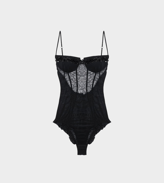 ShuShu/Tong - Ruffled Lace Bodysuit Navy