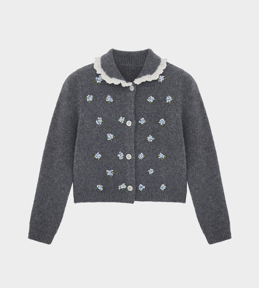 ShuShu/Tong - Embroidered Flower Cardigan Grey