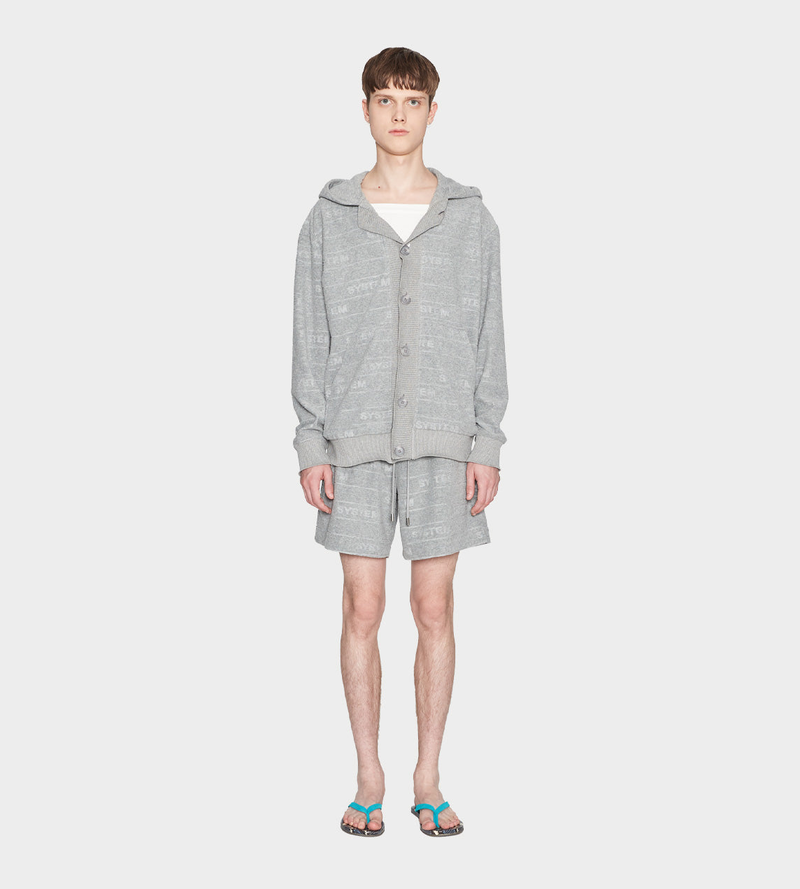 System - Embossed Terry Button Front Hoodie Grey