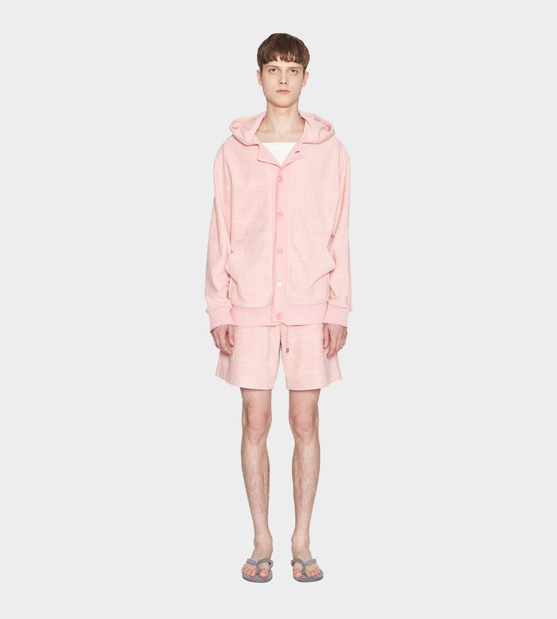 System - Embossed Terry Button Front Hoodie Pink