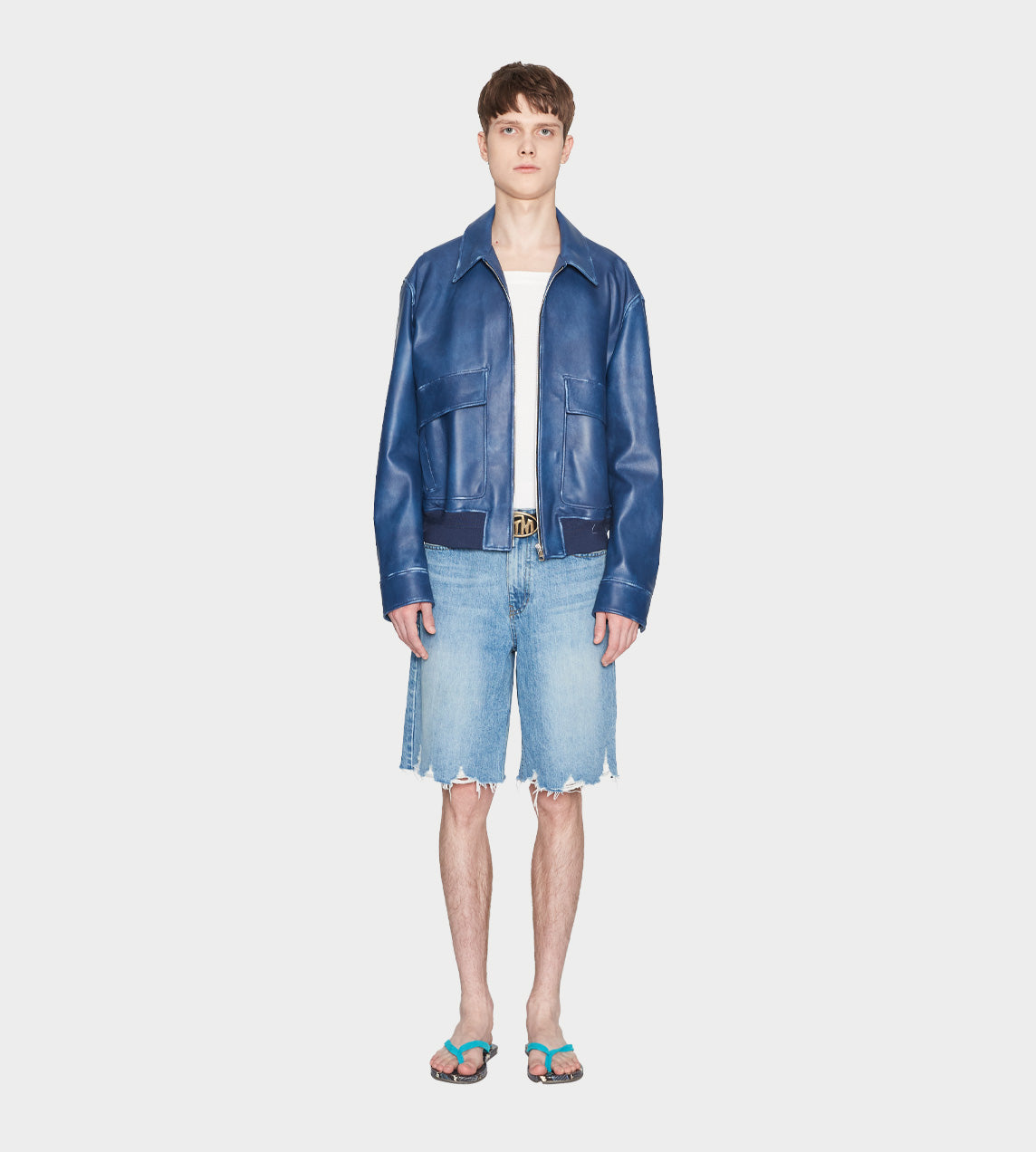 System - Leather Aviator Bomber Navy