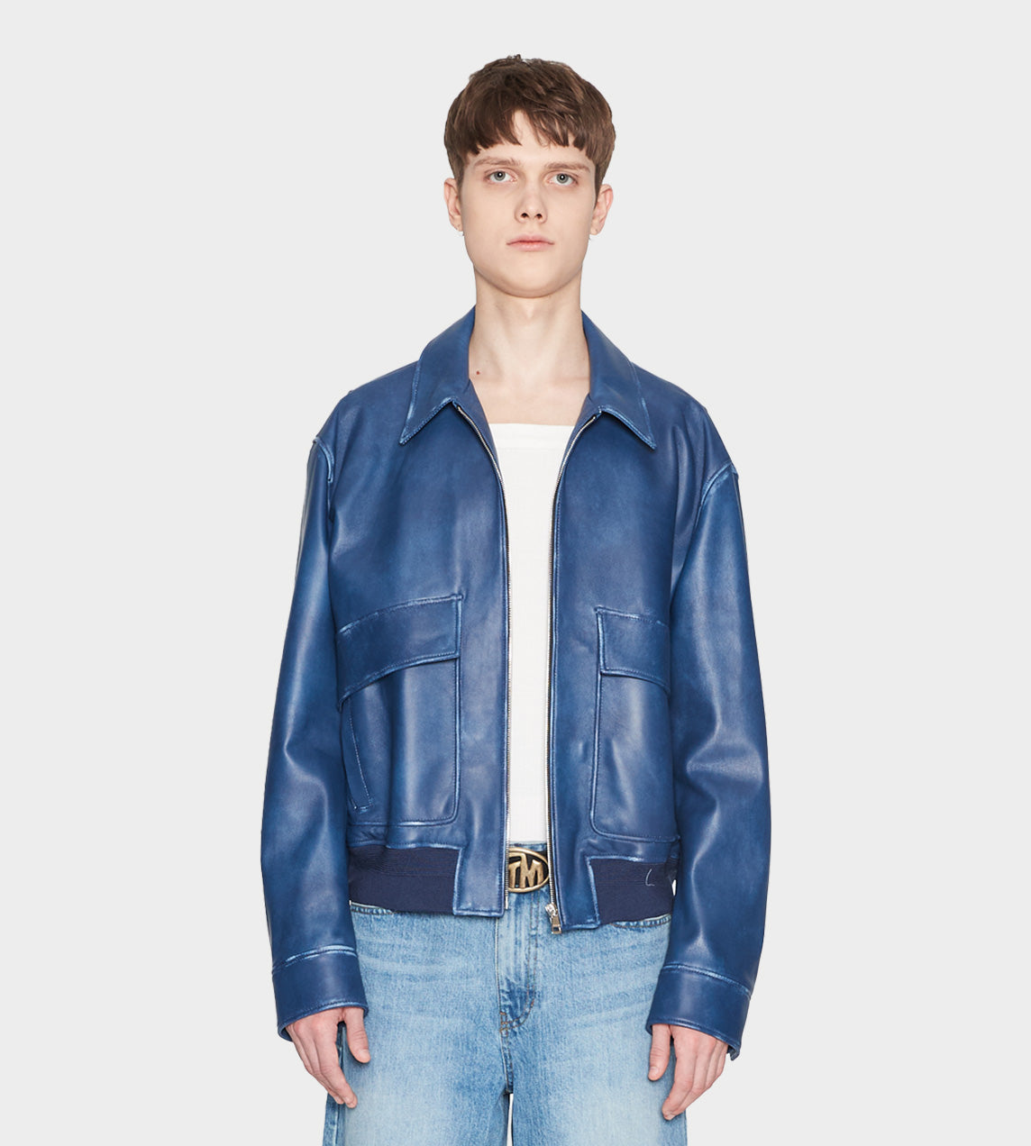 System - Leather Aviator Bomber Navy