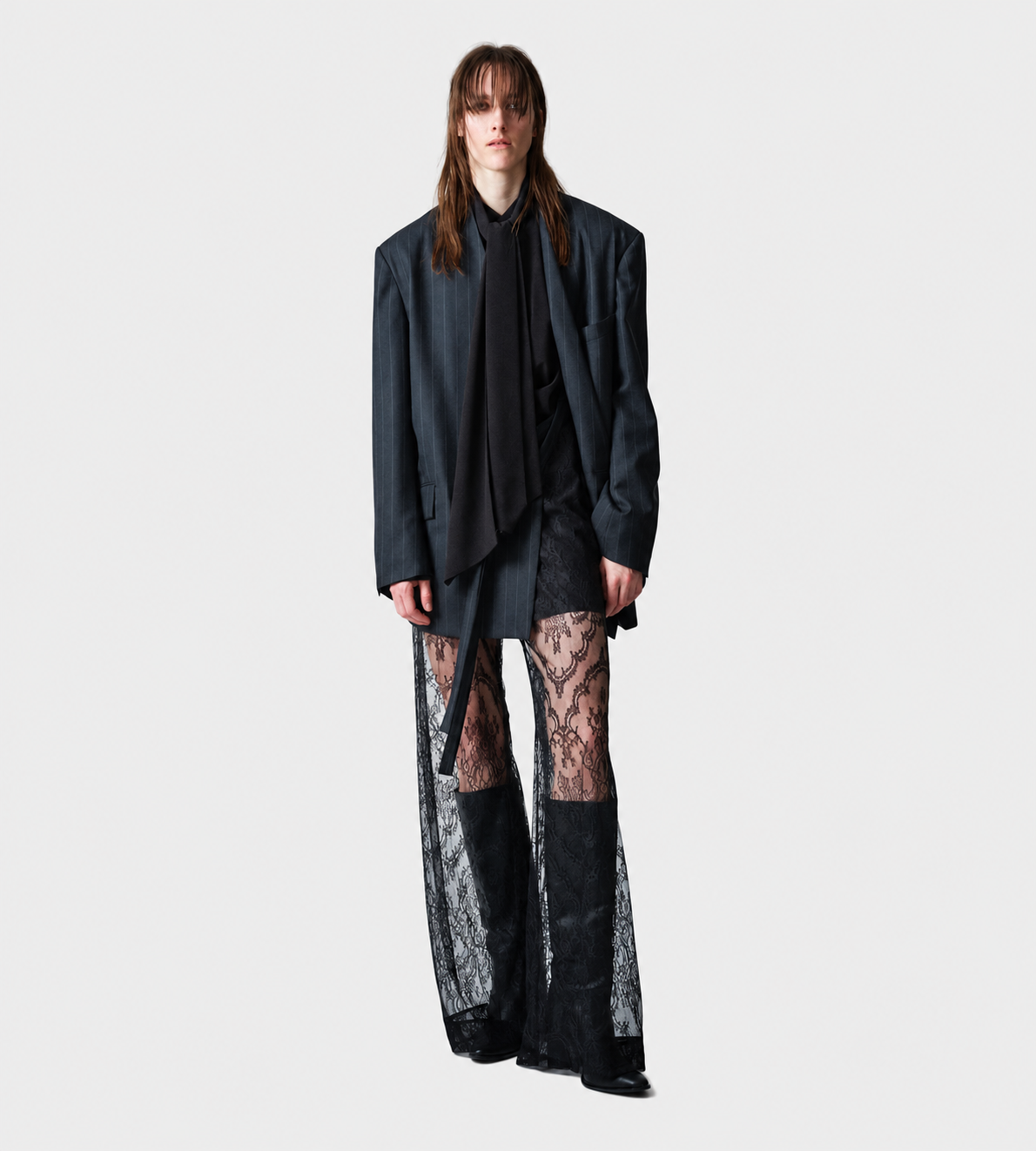 Waist Draw Cord Lace Wide Pants Black