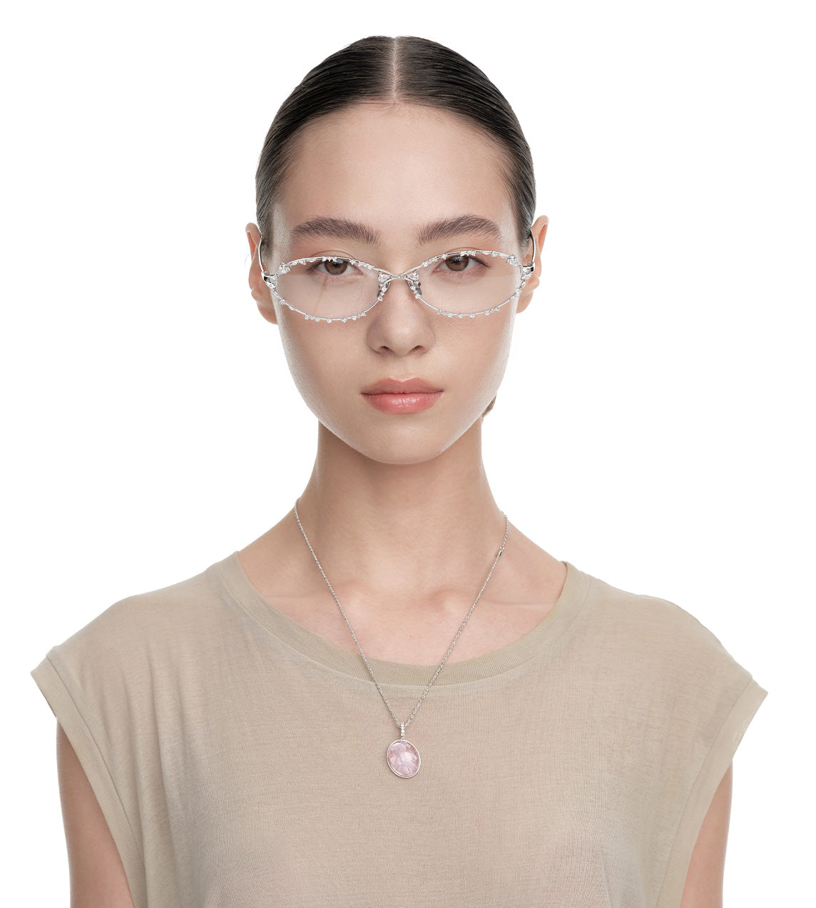 Yvmin - Crystal Bear Oval Pendant Necklace Pink