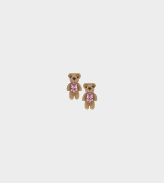 Yvmin -  Mini Flocked Bear Earring Pink