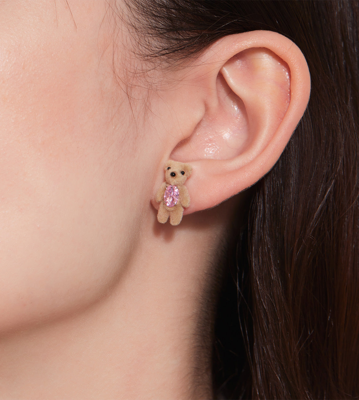 Yvmin -  Mini Flocked Bear Earring Pink