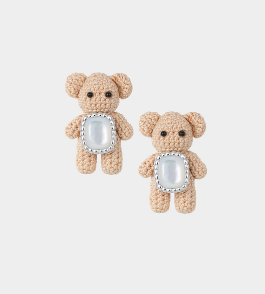 Woven Mini Bear Mother Of Pearl Earring Silver