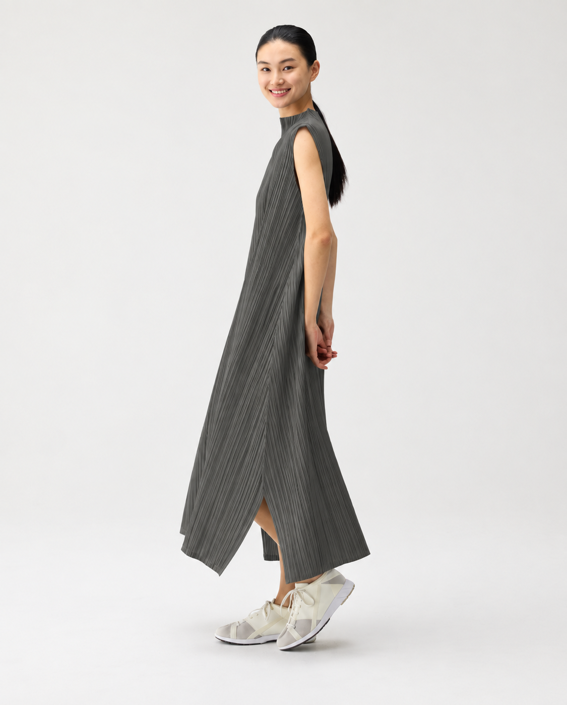 PLEATS PLEASE ISSEY MIYAKE - Mellow Pleats Sleeveless High Neck Dress Charcoal