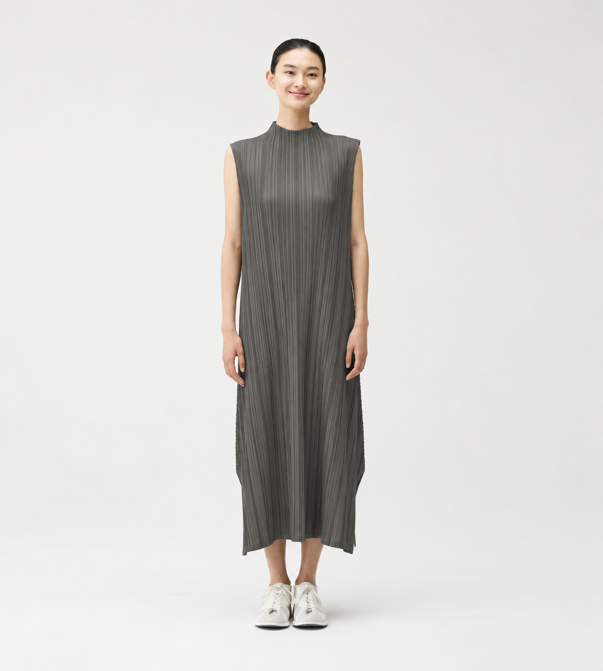 PLEATS PLEASE ISSEY MIYAKE - Mellow Pleats Sleeveless High Neck Dress Charcoal