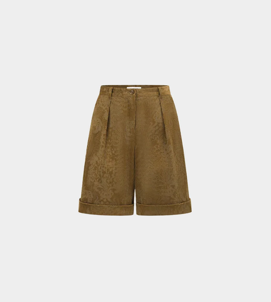 INTO THE EAST - Velvet Floral Stand Shorts Olive Yellow