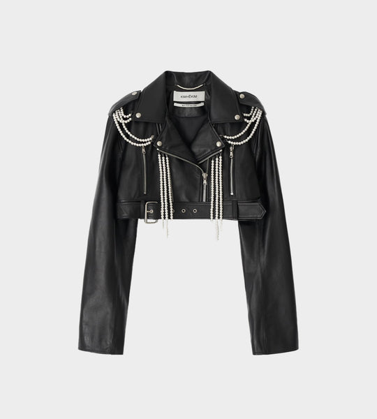 ☆Detachable Pearl Chain Leather Jacket/KIMHEKIM☆ Kimhekim Pearl-Detail Leather Jacket - ShopStyle