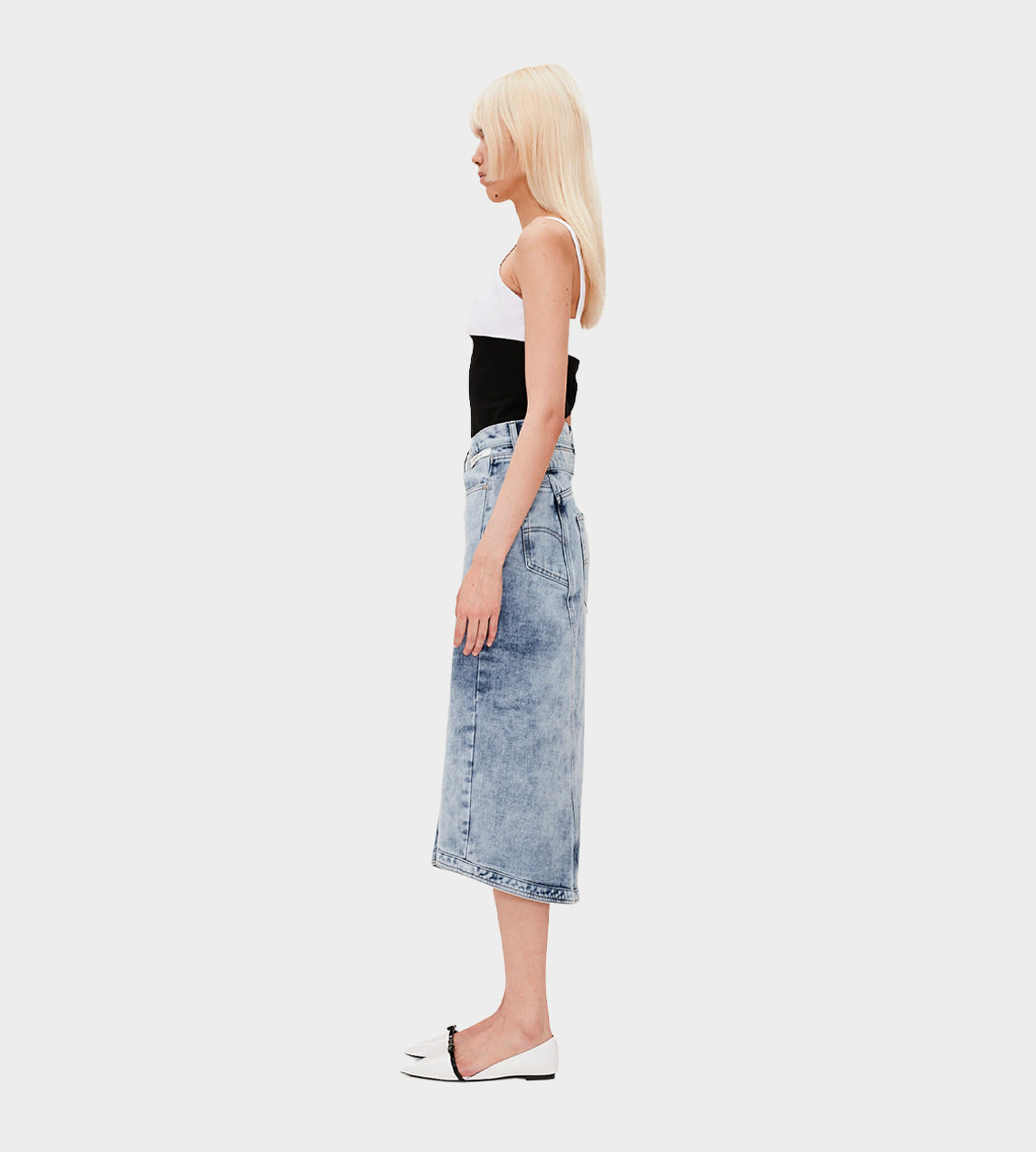KIMHEKIM - Asymmetric Denim Midi Skirt Sky Blue