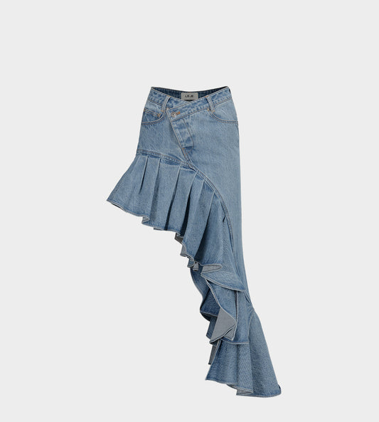 LEJE - Asymmetric Frill Denim Skirt Blue