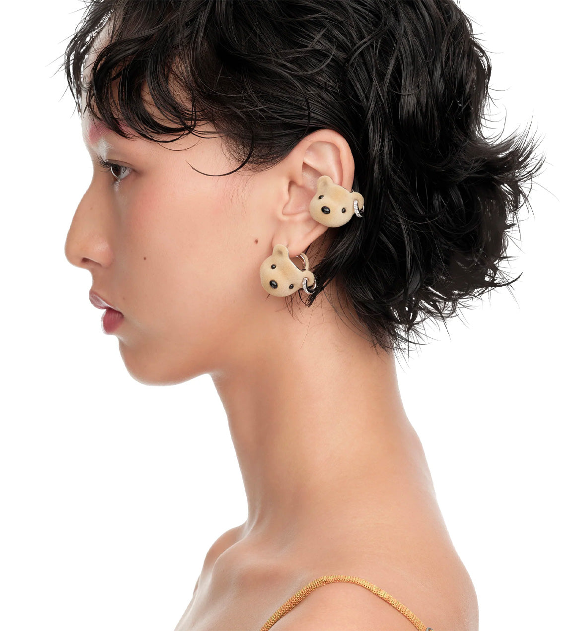 Yvmin - Flocked Bear Head Ear Cuff Brown 